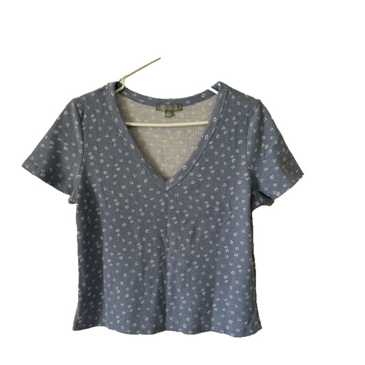 Women’s V-neck Shirt large By Good Luck Gem casual blue floral short sleeve NEW