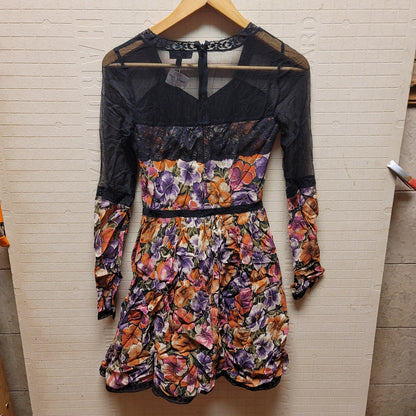 Topshop Casual Dress Size 2 Floral Black Sheer Sleeves Fit Flair NEW Cocktail