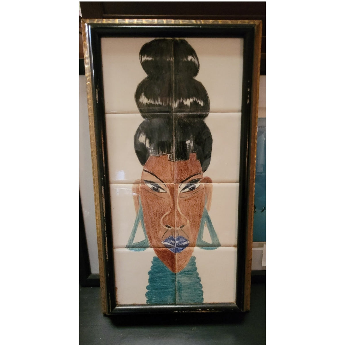 Afrocentric Tile Art African Queen Portrait 80s Glam Wall Decor  19.6" x 10.6"
