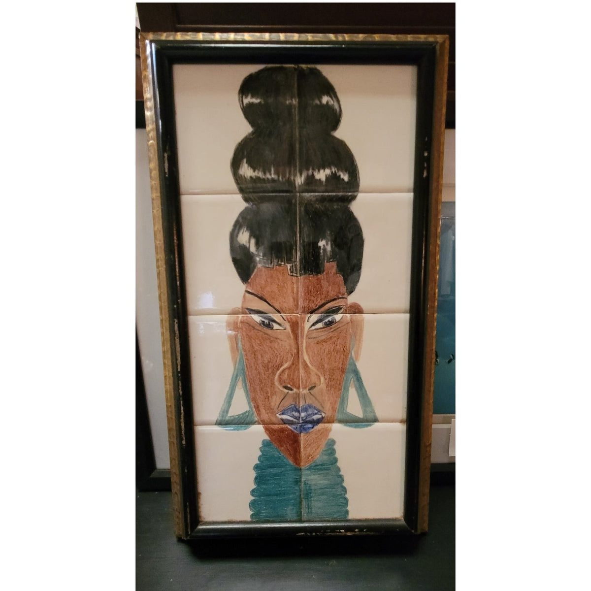 Afrocentric Tile Art African Queen Portrait 80s Glam Wall Decor  19.6" x 10.6"