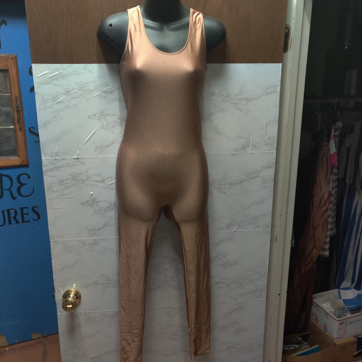 Vintage Metallic Champagne Gold Spandex Unitard Catsuit Ballet Dancewear Small