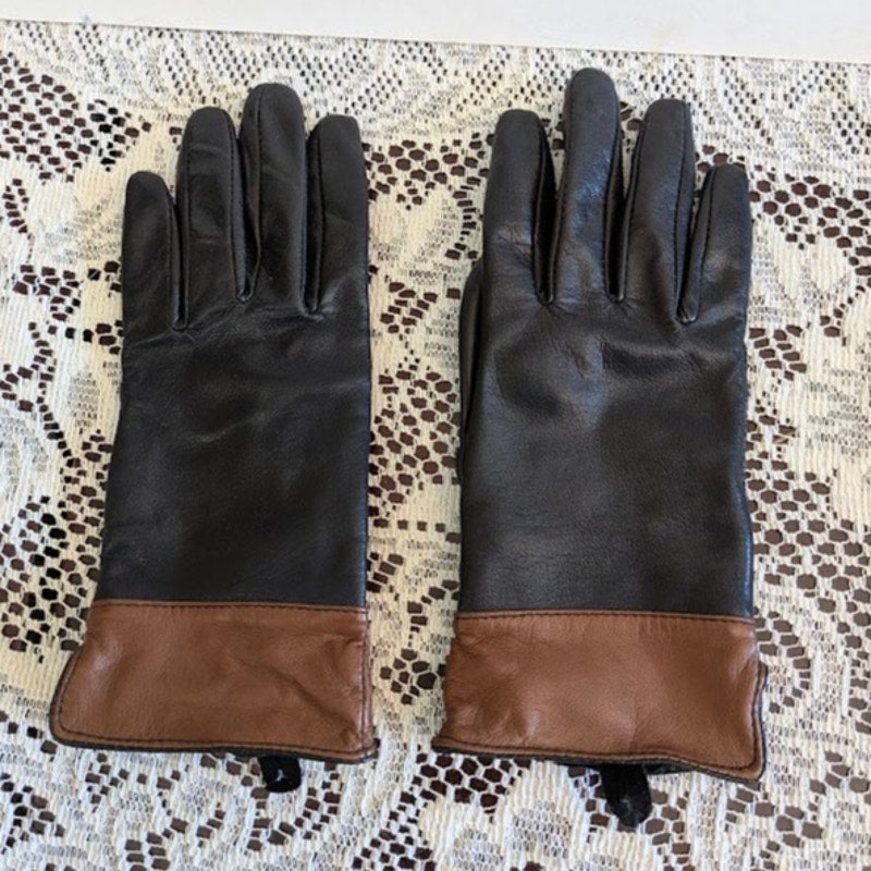 Vintage Dillard's Leather Gloves Two-Tone Espresso Brown Tan Cuff Size Medium