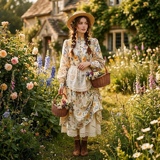 Commense Floral Mock Neck Midi Dress Large Cottagecore French Country Romantic