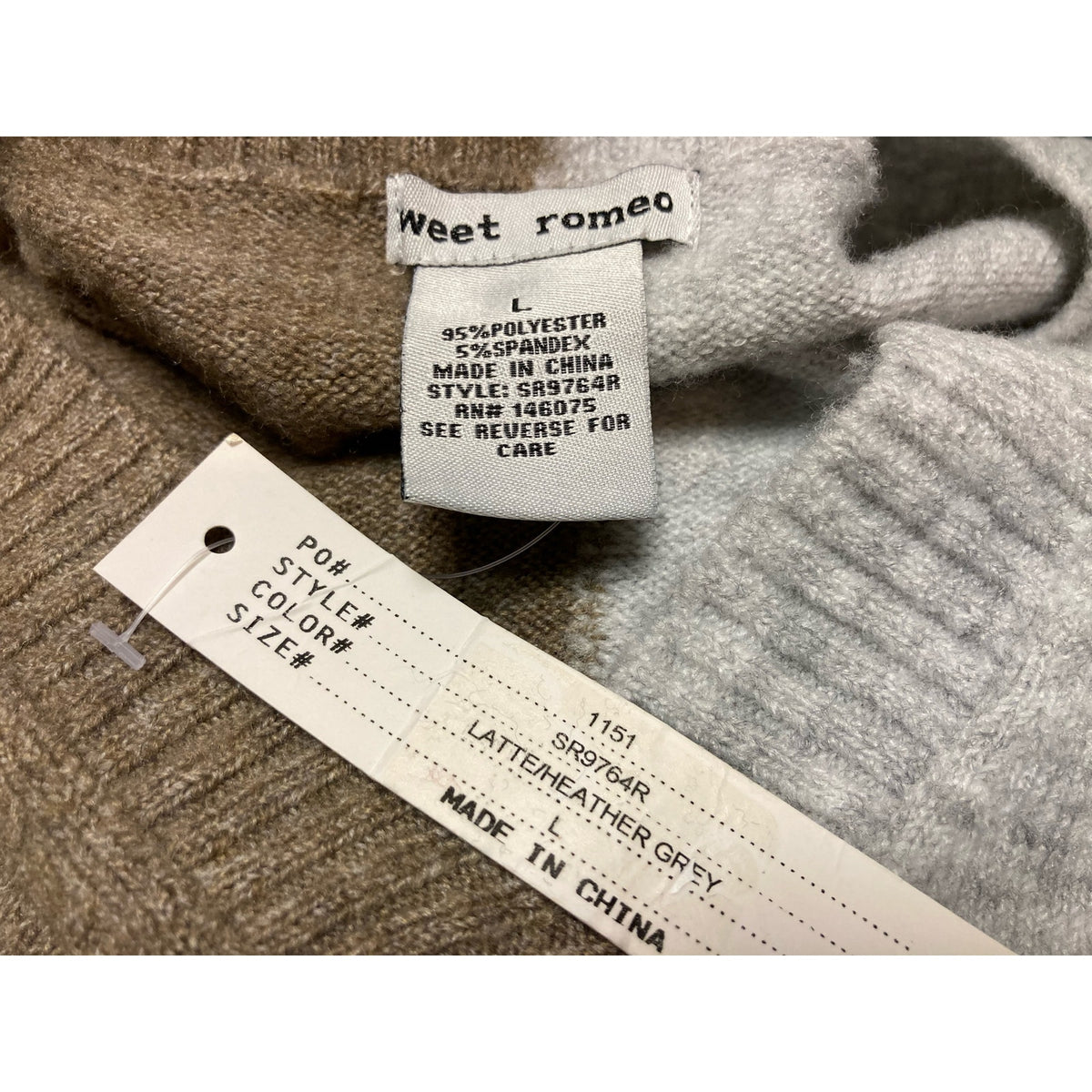 Sweet Romeo V-Neck Color Block Sweater Large Latte Heather Grey NEW Pullover