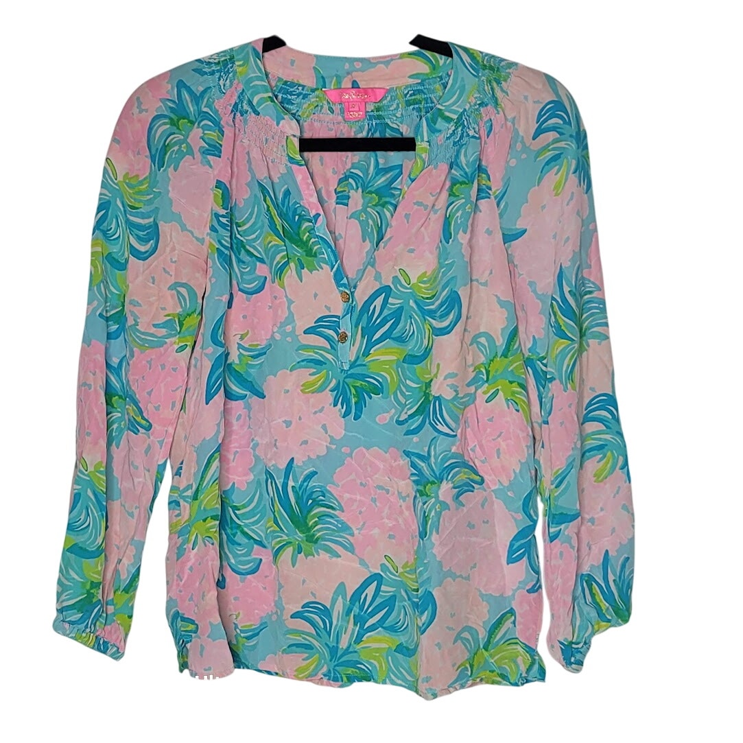 Lilly Pulitzer Size XS extra small 100% Silk Blouse Top Shirt Elsa Pink Teal
