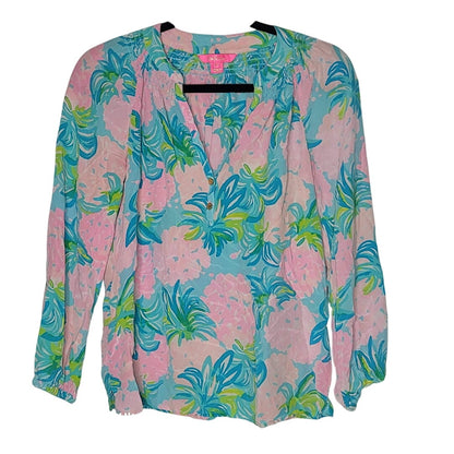 Lilly Pulitzer Size XS extra small 100% Silk Blouse Top Shirt Elsa Pink Teal