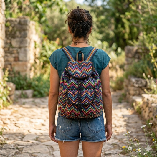 Artisan backpack Rainbow black embroidery bohemian double flap lined fabric NEW