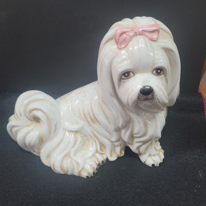 Vintage MCM Dog Italy Italian Lhasa Apso Figure Ceramic 9" x 7.5" Pink Bow CUTIE