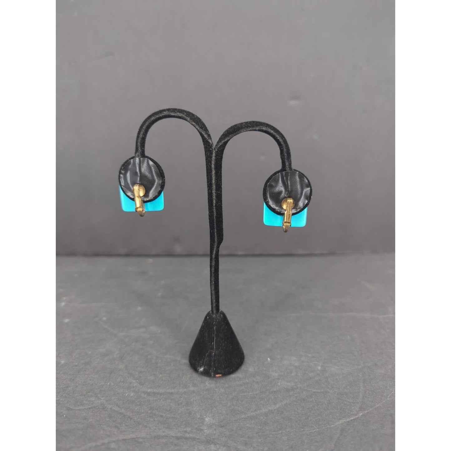 Vintage Square Turquoise Enamel Gold Tone Clip On Earrings Retro Modern