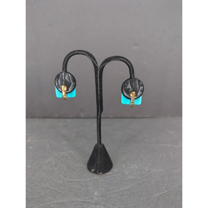 Vintage Square Turquoise Enamel Gold Tone Clip On Earrings Retro Modern