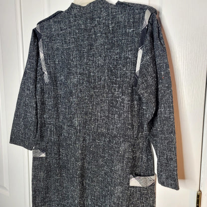 Vintage 80s nubby wool blend dress sheath dress Gray Plaid Shoulder detail Large