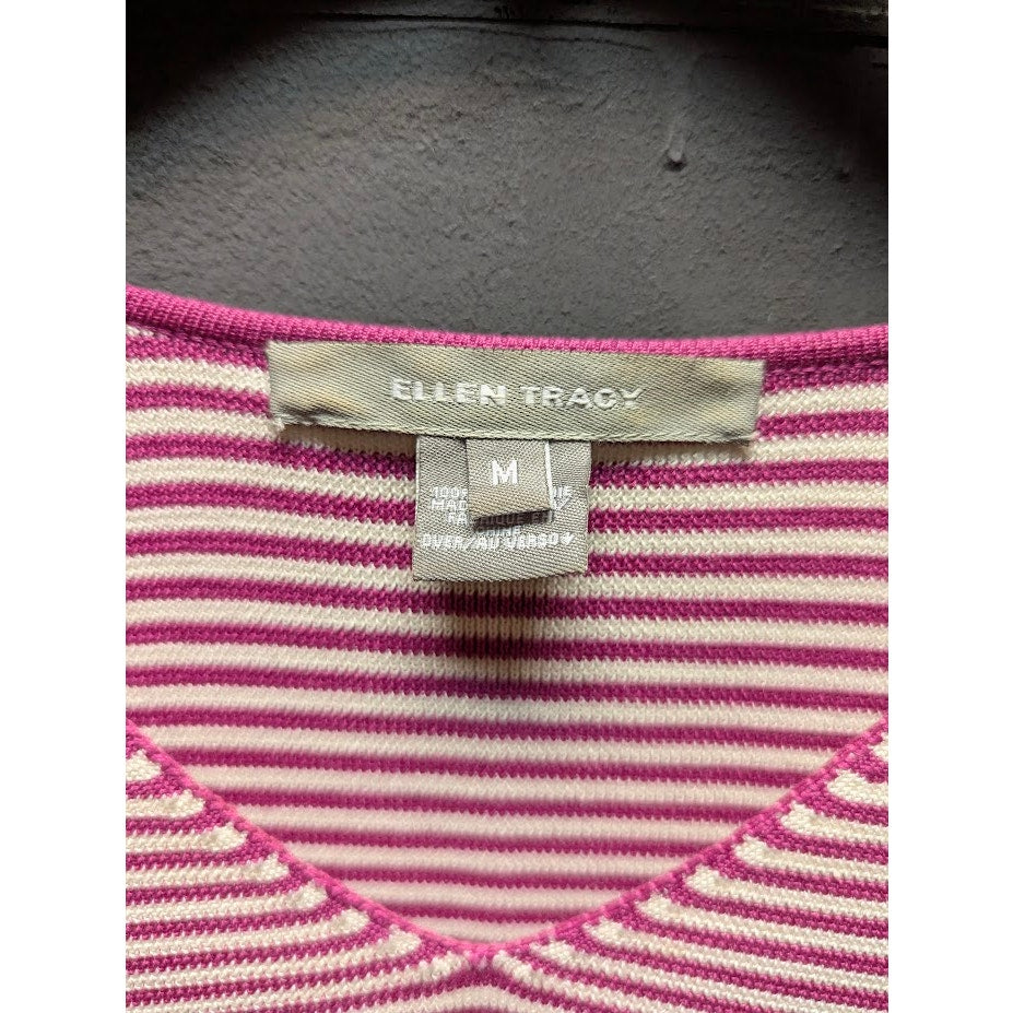 Ellen Tracy Medium SILK Sweater striped pink Ivory VNeck long sleeve preppy Y2K