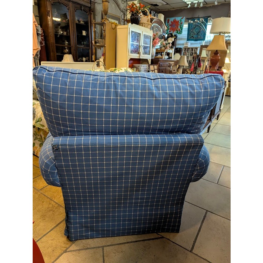 SECONDHAND SANDIES: Overstuffed skirted Armchair and Matching Ottoman Blue white Plaid