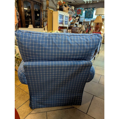 SECONDHAND SANDIES: Overstuffed skirted Armchair and Matching Ottoman Blue white Plaid