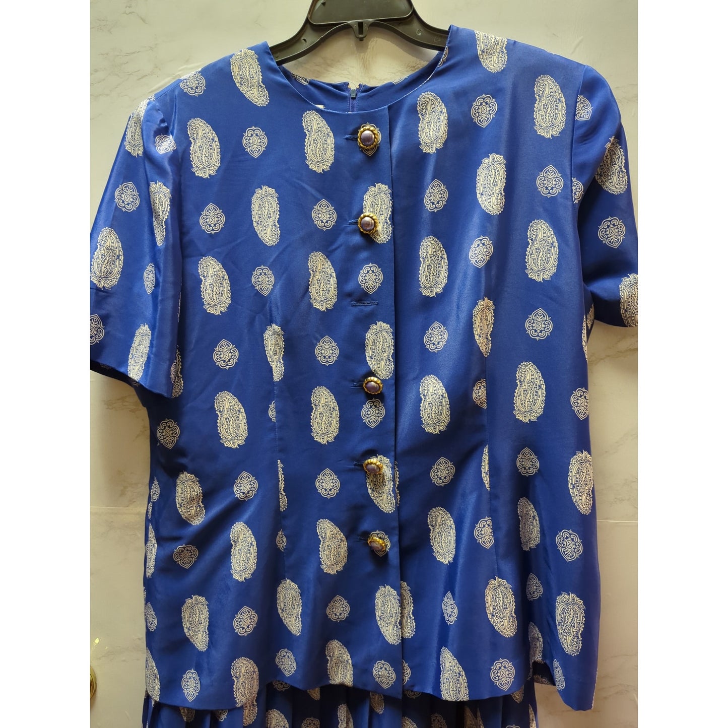 Leslie Fay vintage drop waist 18 dress Blue white Paisley summer garden Plus