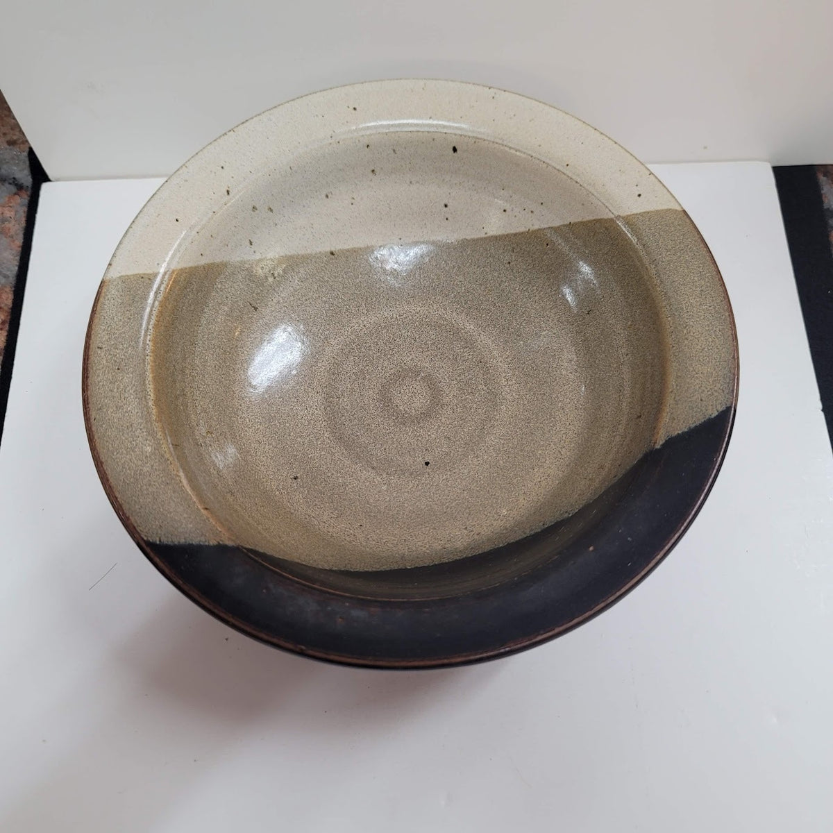 Handmade 1980s art pottery earthtone Signed Rusty 80 bowl 8.5" Brown Cream Tan