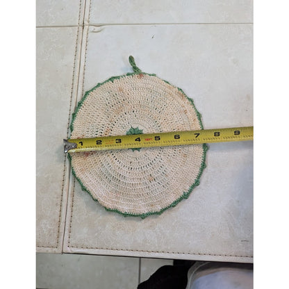 Vintage Crocheted Green Cream Trivet doily Star pattern raised 9" round Cabin