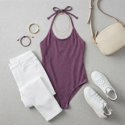 BP. NWT Purple Sleeveless Bodysuit Large Halter Tie Neck Snap Layering