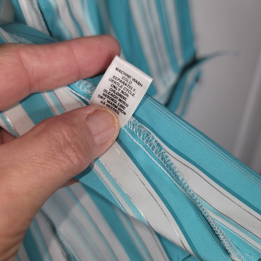 Cato Turquoise Teal & White Striped V-Neck Blouse Large Button Up Silver Thread