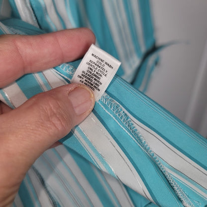 Cato Turquoise Teal & White Striped V-Neck Blouse Large Button Up Silver Thread