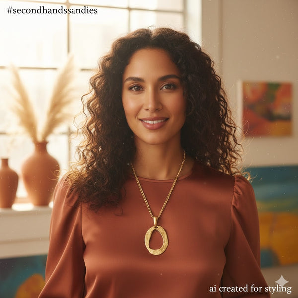 Vintage Brutalist Organic Oval Gold Tone Hammered Pendant Necklace Modernist