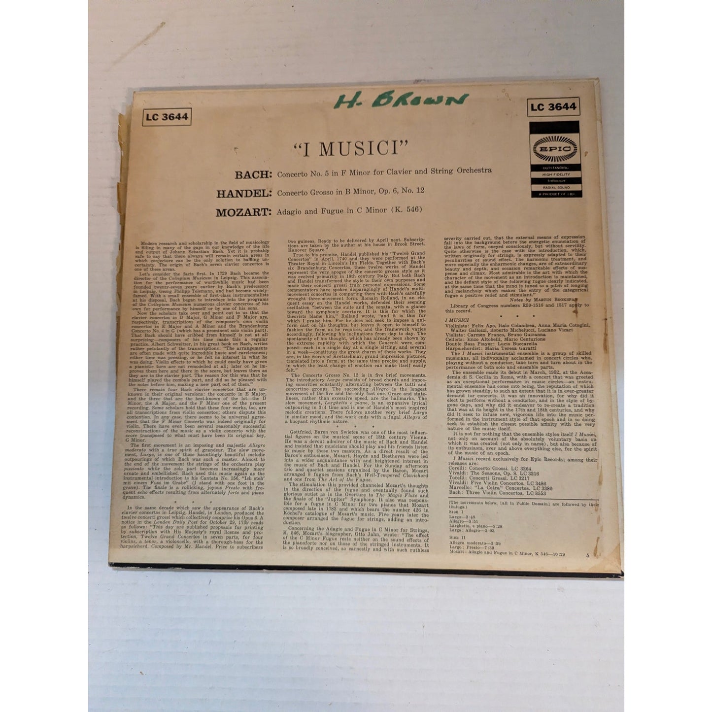 Vintage I Musici Bach Handel Purcell Epic LC 3644 Mono 1960s Gold Label Vinyl LP