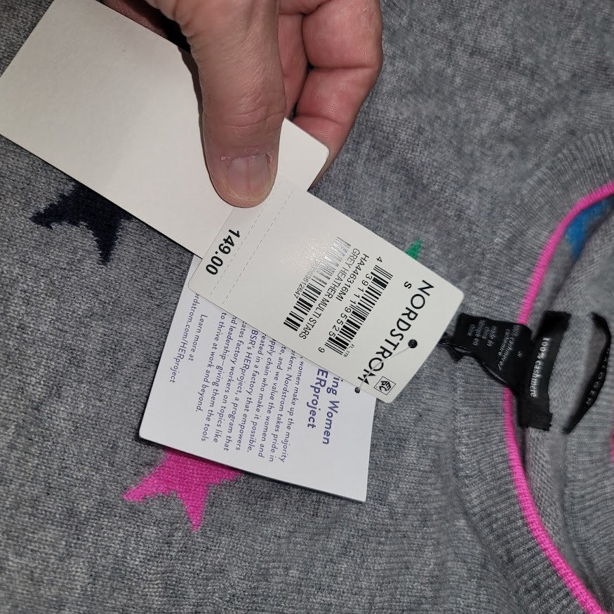 Halogen 100% Cashmere Gray Pink Star Crewneck Sweater Size Small NEW $149