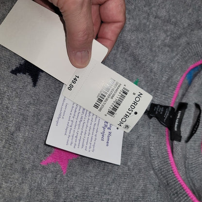 Halogen 100% Cashmere Gray Pink Star Crewneck Sweater Size Small NEW $149