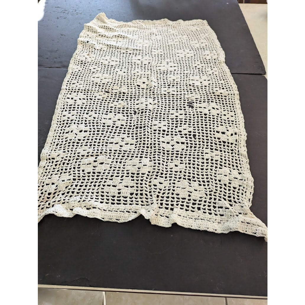 Vintage white rectangle Handmade crochet table runner NEEDS REPAIR and SAVING