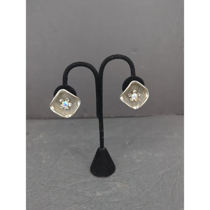 Vintage Silver Tone Mesh Oval Square Opalescent Flower Clip On Earrings Retro