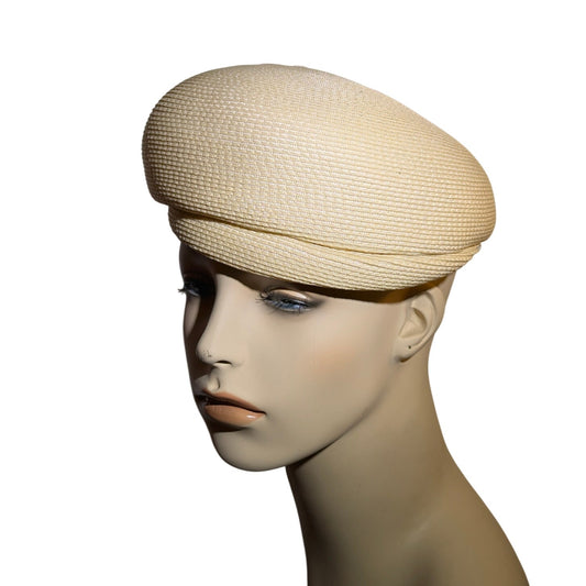 Vintage 50s Rutz Nannette Chapeaux Cream Straw Pillbox Hat Bow Detail Mod