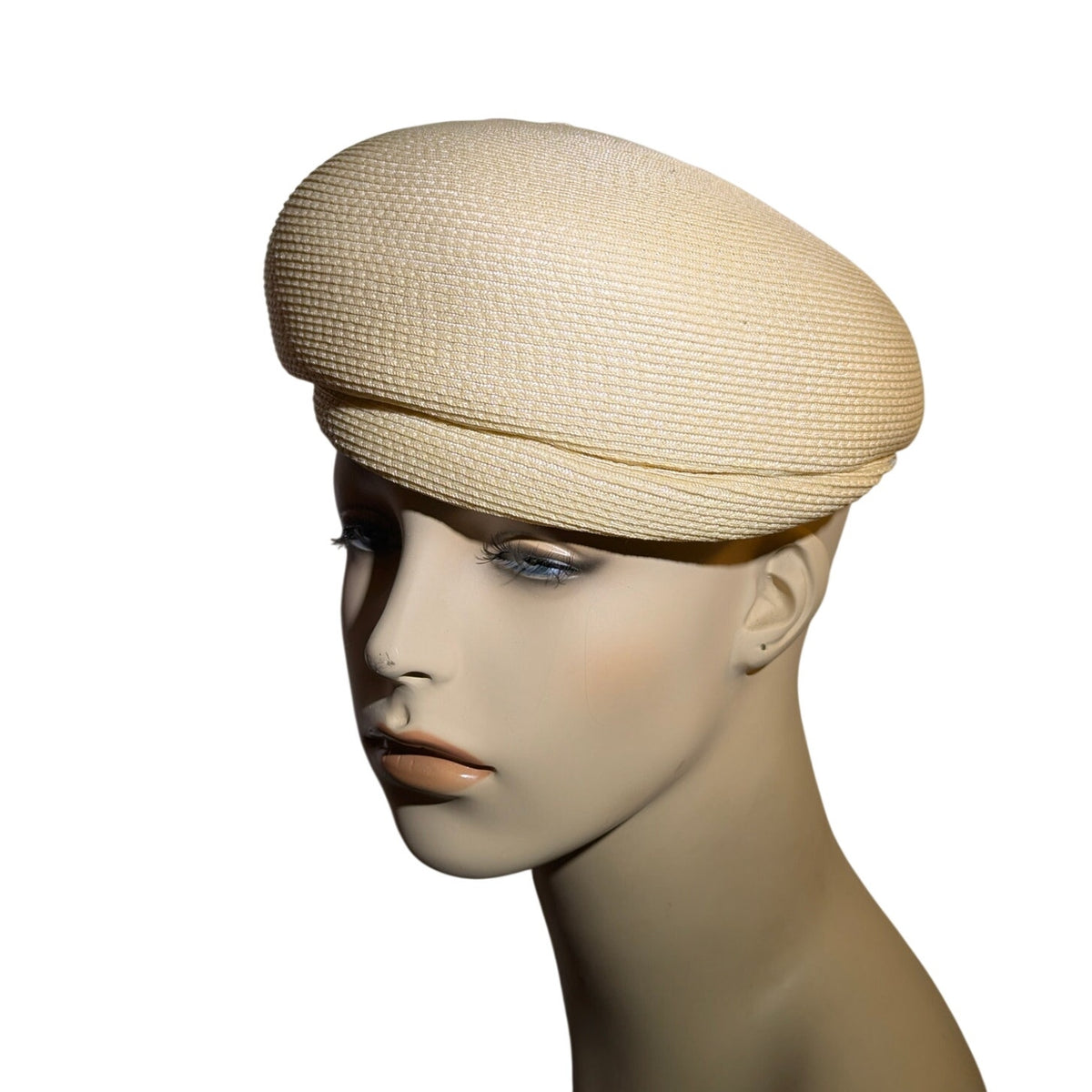 Vintage 50s Rutz Nannette Chapeaux Cream Straw Pillbox Hat Bow Detail Mod