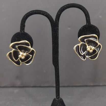 Vintage Black Enamel Gold Tone Rose Clip On Earrings 1980s Glam Flower