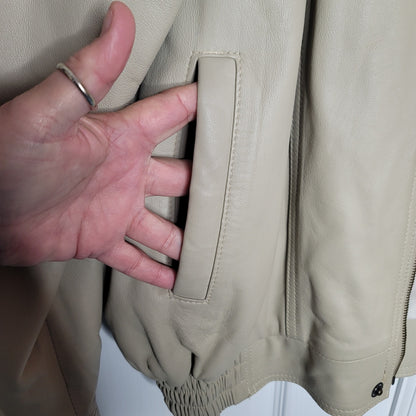 Vintage Grandpa Zip Up Jacket Cream Faux Leather Mens Large Pockets