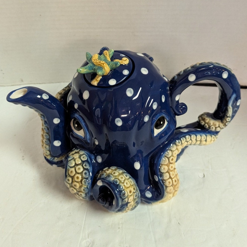 Blue Sky Claywork Blue Octopus Ceramic Teapot Polka Dot Nautical Coastal Novelty