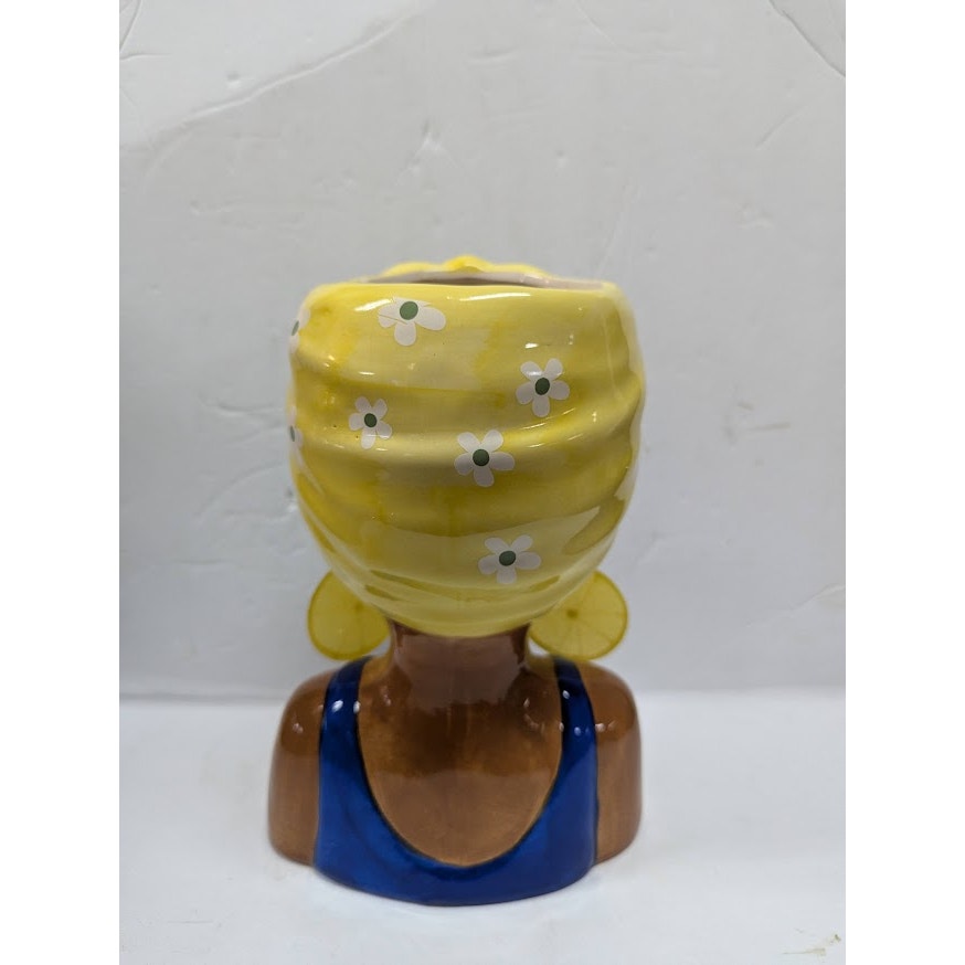 Large Ceramic Fruit lady headvase planter 9" tall YELLOW BANDANA LEMON RING