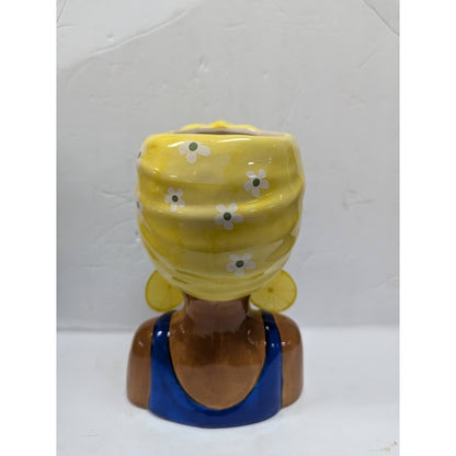 Large Ceramic Fruit lady headvase planter 9" tall YELLOW BANDANA LEMON RING