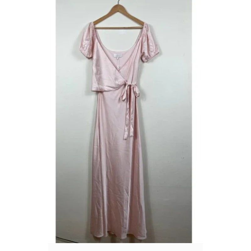 WAYF The Bea Faux Wrap V-Neck Dress New Satin Maxi Formal Wedding PINK Size 8