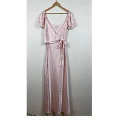 WAYF The Bea Faux Wrap V-Neck Dress New Satin Maxi Formal Wedding PINK Size 8