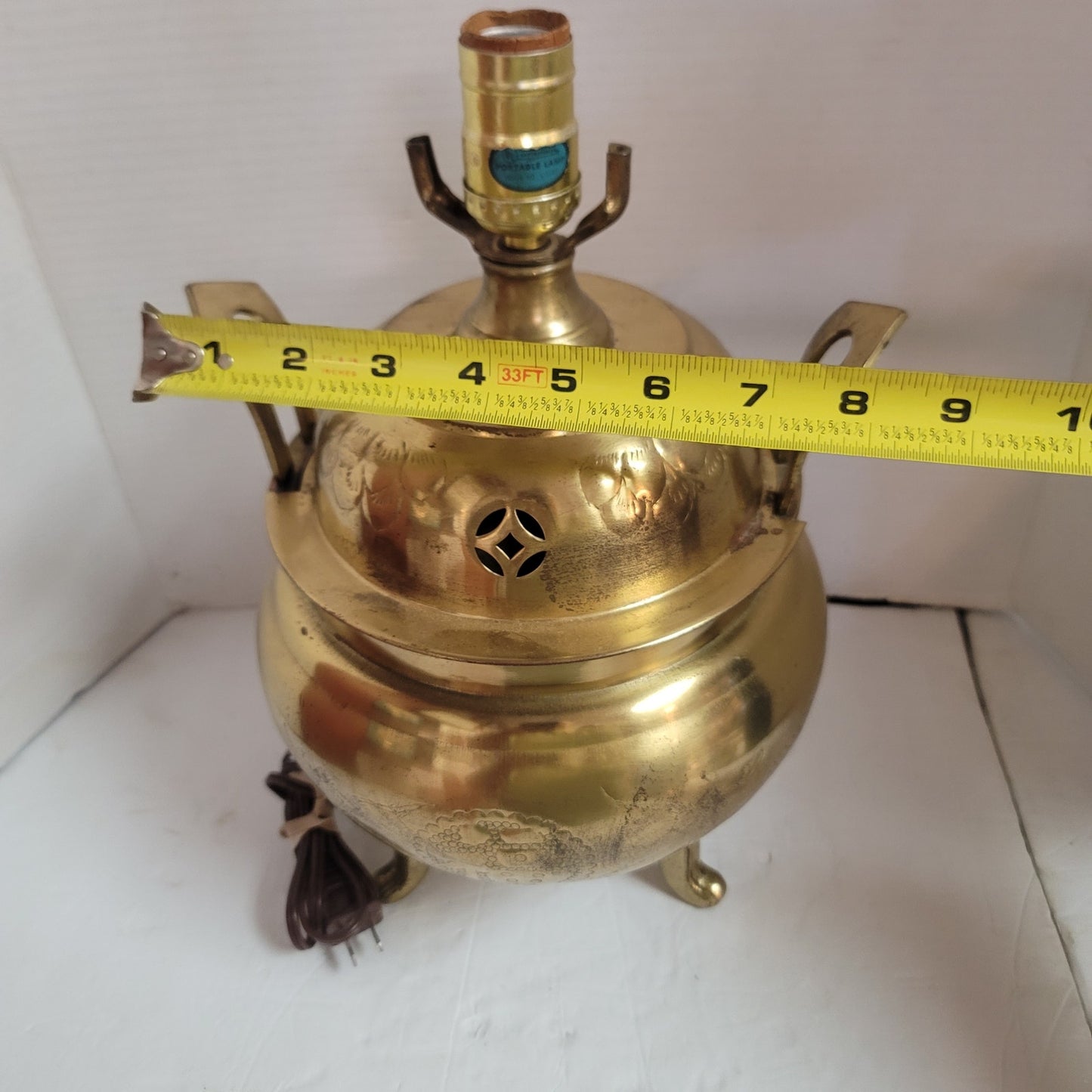 Mid Century Large Asian Brass incense burner table lamp 1960's Dragon Motif
