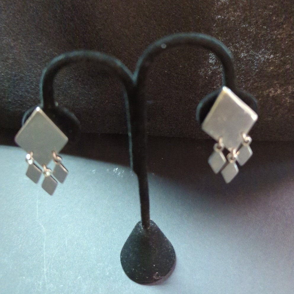 Vintage MONET Geometric Silver Tone Dangle Clip-On Earrings Art Deco Style Chic