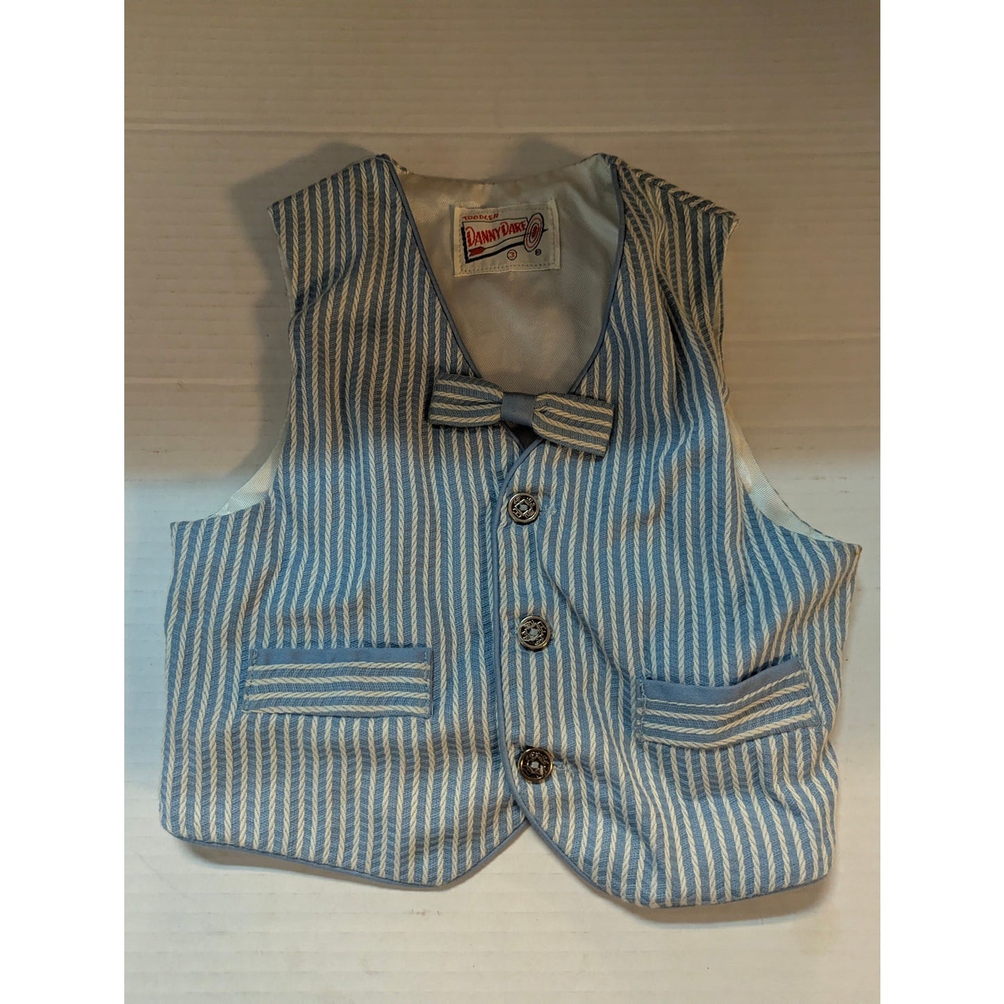 Dapper Dudes Vintage Blue White Striped Seersucker Toddler Dress Vest Bow Tie 4T