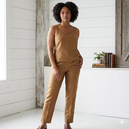 Spiegel Raw Silk Pant Sleeveless Top Two Piece Set Minimalist High End Brown