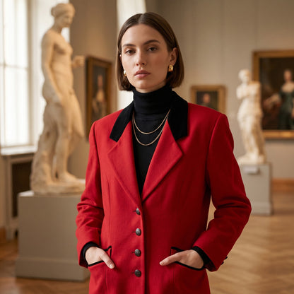 International Scene Women's Black Velvet Collar Red Jacket Long Sleeves SZ 13/14