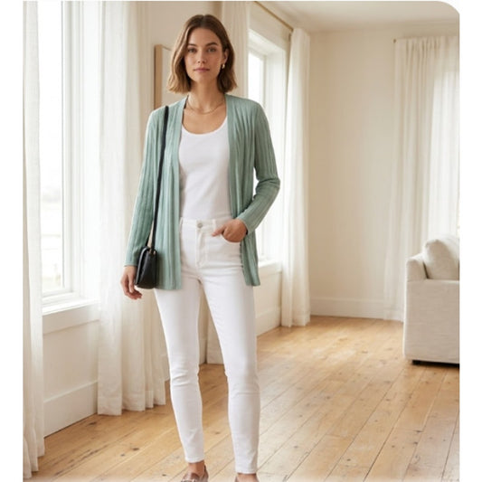 Jones New York Sage Green Textured Open Front Knit Cardigan Sweater Size Small