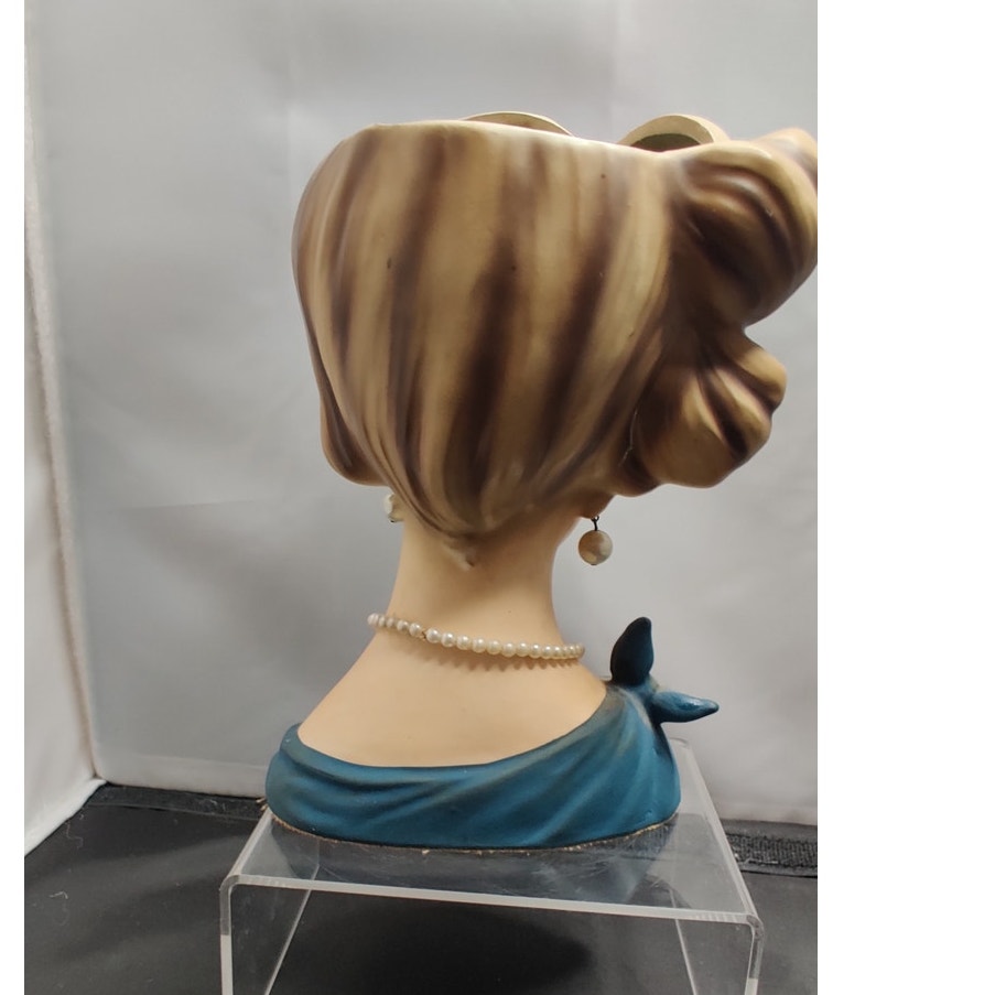 Vintage 1950s Blonde Lady Head Vase Planter Blue Dress Collectible MCM 7"
