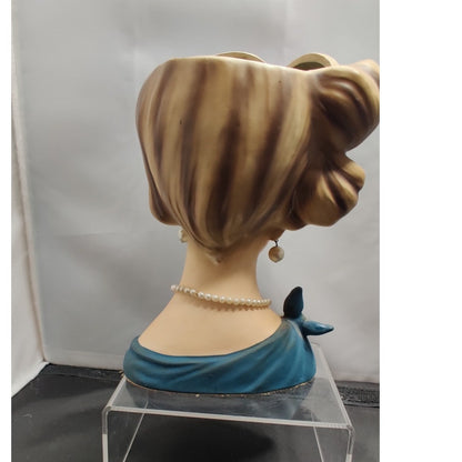 Vintage 1950s Blonde Lady Head Vase Planter Blue Dress Collectible MCM 7"