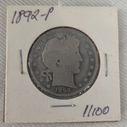 1892 Barber Silver Quarter - First Year of Issue Vintage US Coin - Good
