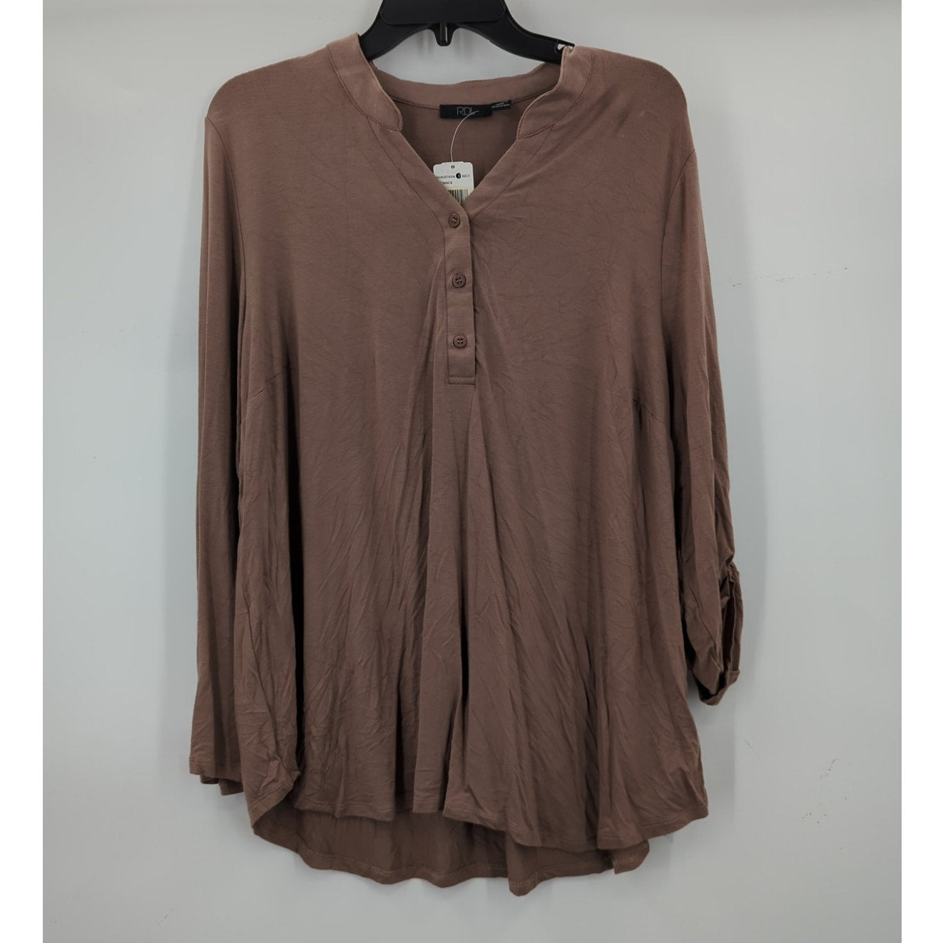 RDI Women's NWT Size 2X Mocha Brown Henley Long Sleeve Tunic Blouse Top