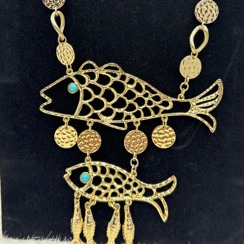 Vintage Necklace Statement Piece Lilly Pulitzer 2 Fish Goldtone